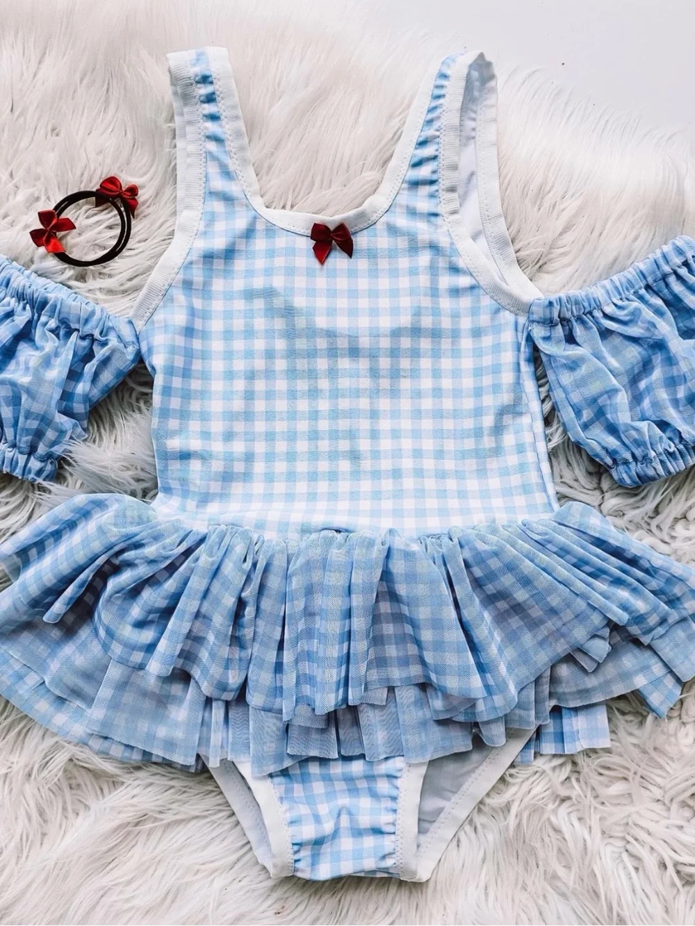 Blue Gingham Ruffled Kids Costume Swimsuit with Tulle Accent